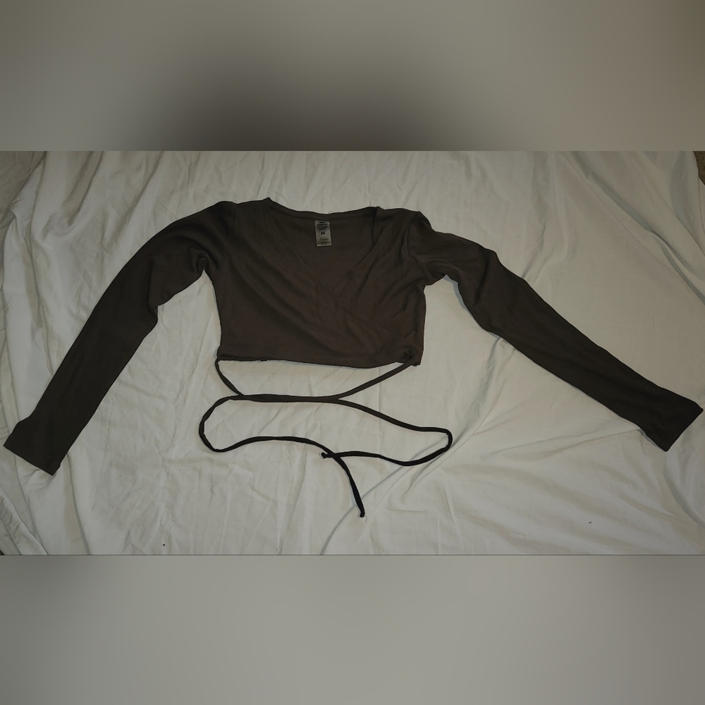 Mono B White and Black Long Sleeve Wrap Crop Top